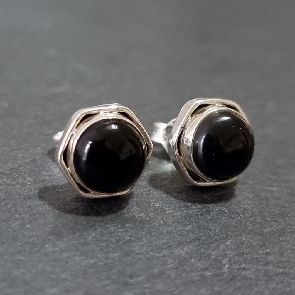 Hexagon Round 925 Silver Black Onyx Stud Earrings, S21O