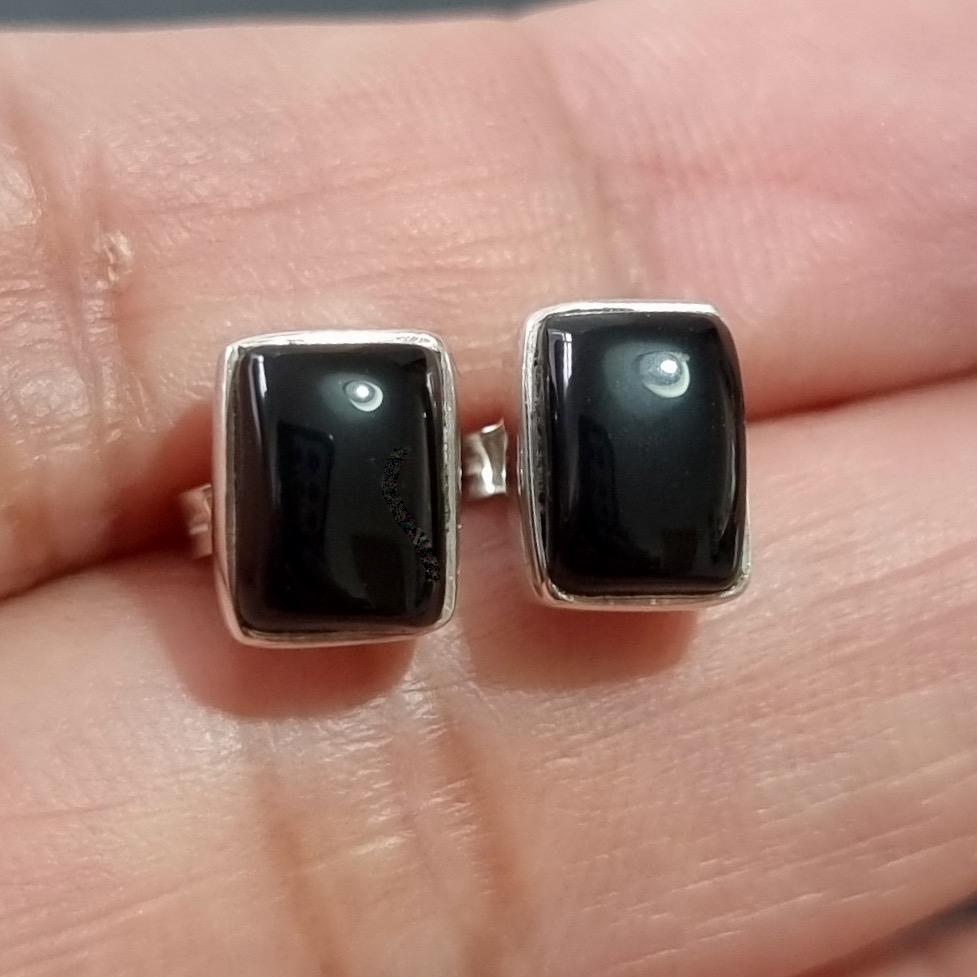 Modern Rectangle 925 Silver Black Onyx Stud Earrings, S22O