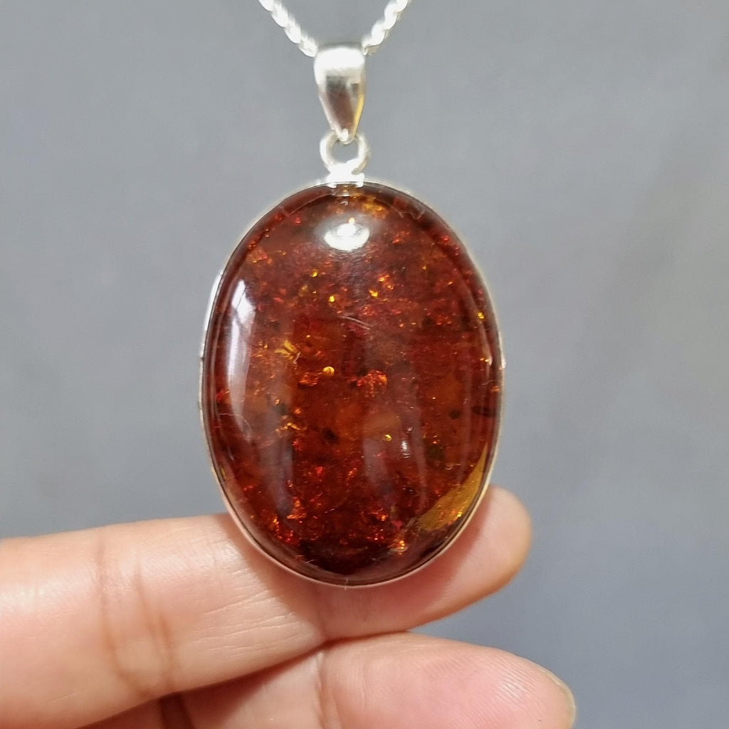 Large Oval Chunky 925 Sterling Silver Baltic Amber Pendant, AMBP2