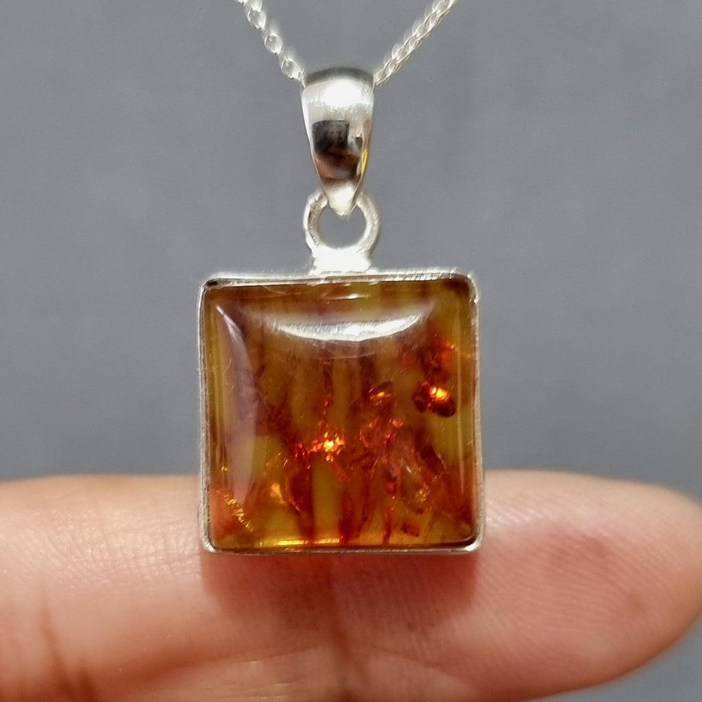 Small Square 925 Sterling Silver Baltic Amber Pendant, AMBP6