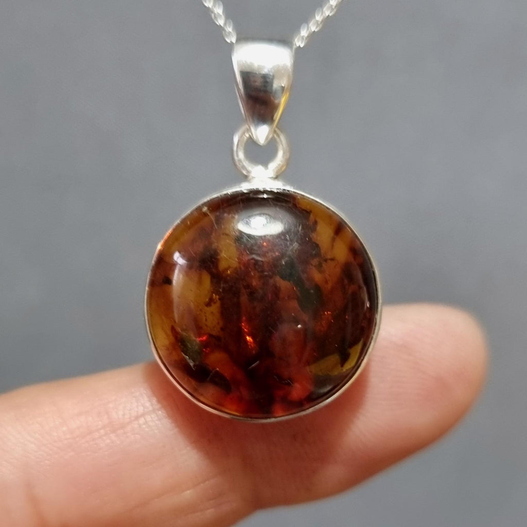 Small Chunky Round Baltic Amber 925 Sterling Silver Pendant, AMBP10