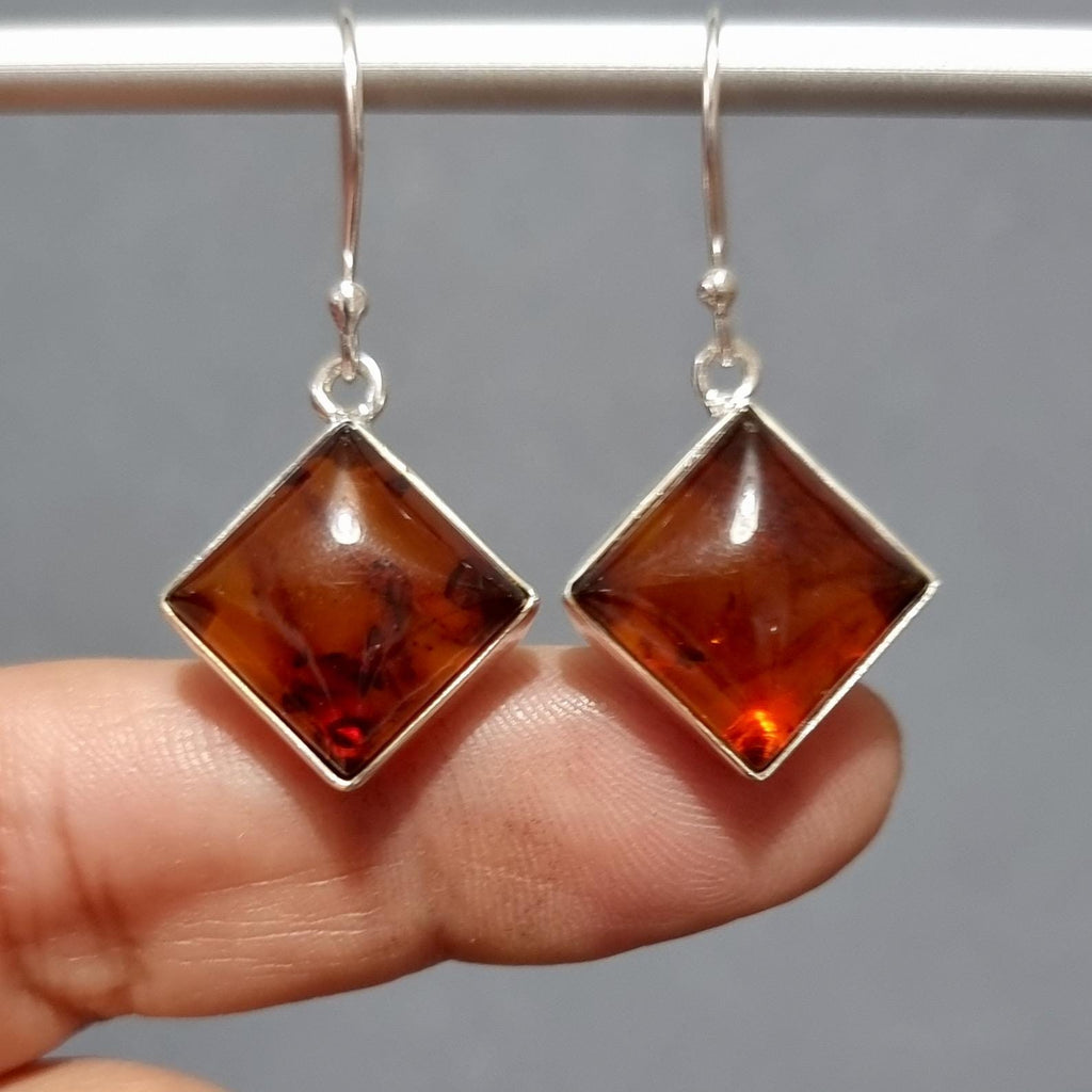 Large Rhombus Square Baltic Amber Dangle Sterling Silver Earrings, AMBE5