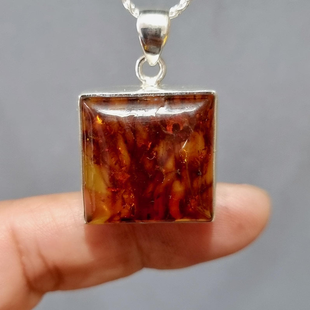 Large Square Chunky 925 Sterling Silver Baltic Amber Pendant, AMBP4