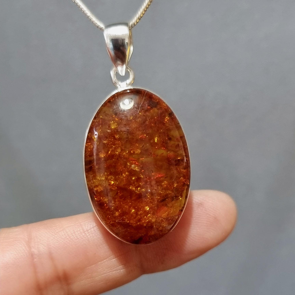 Large Chunky Oval Baltic Amber 925 Sterling Silver Pendant, AMBP11