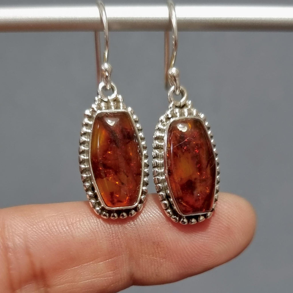 Large Boho Rectangle Baltic Amber 925 Silver Earrings, AMBE6