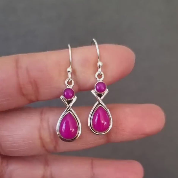 Elegant HOT Pink Agate Earrings, Two Stone Teardrop 925 Sterling Silver Dangle Earrings, Bright Fuchsia Pink Gemstone, Mistry Gems, E1PAG