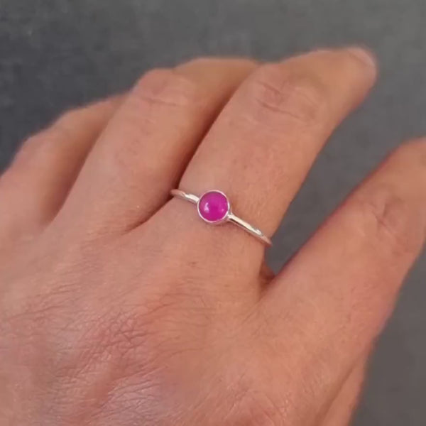 HOT Pink Agate Stacking Ring, Plain Sterling Silver, 5mm Round Fuschia Bright Pink Gemstone, Dainty Engagement Ring, Mistry Gems, R10PAG