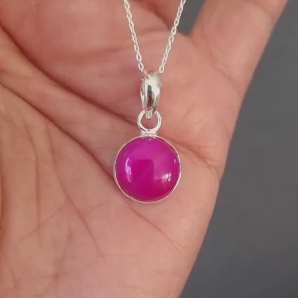 Small HOT Pink Agate Pendant, Round 12mm Gemstone Sterling Silver Necklace, Fuschia Bright Pink Pendant Gemstone Jewelry, Mistry Gems,PAGP24