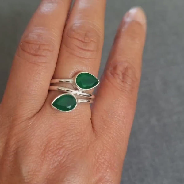 Facetted Green Onyx Sterling Silver Wrap Ring, Two Stone Teardrop Multistone, Snake Ring, 7th Anniversary Gift, Mistry Gems, R35GO