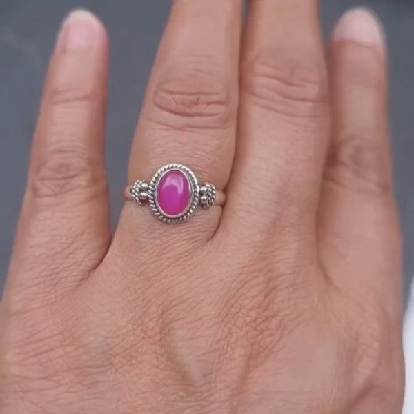 Small Boho Oval Bright Pink Agate Ring, 925 Sterling Silver, Fuchsia Magenta Pink Gemstone Jewelry, Engagement Ring, Mistry Gems, R5PAG