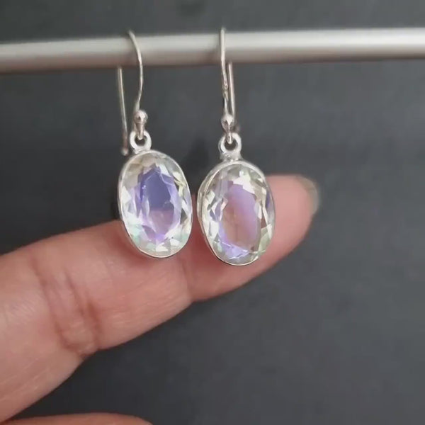 Mystic Mercury Mist Topaz Earrings, Dangly Oval 15mm x 10mm Facetted, 925 Sterling Silver, Rainbow Wedding Jewellery, Mistry Gems, FQZE12