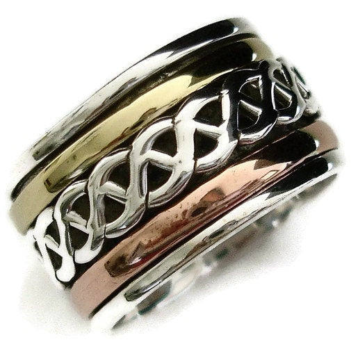 Unisex Celtic Three Metal Spinner Ring in 925 Sterling Silver, SP23