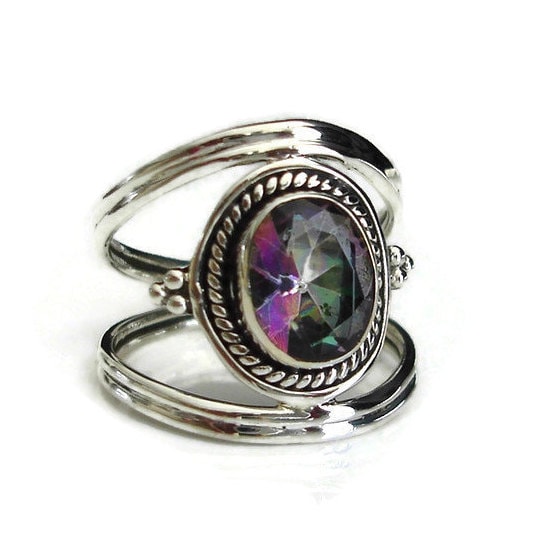 Boho Oval Mystic Topaz Ring, 925 Sterling Silver, November Birthstone, Pink Green Gemstone Jewellery, Engagement Ring, Mistry Gems, R29MT