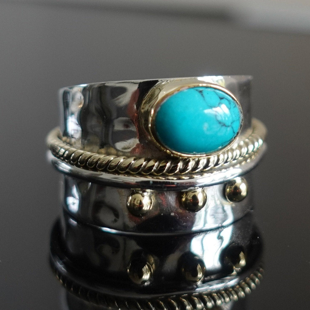 Turquoise Wide 925 Silver Ring with Brass Detailing, R16T