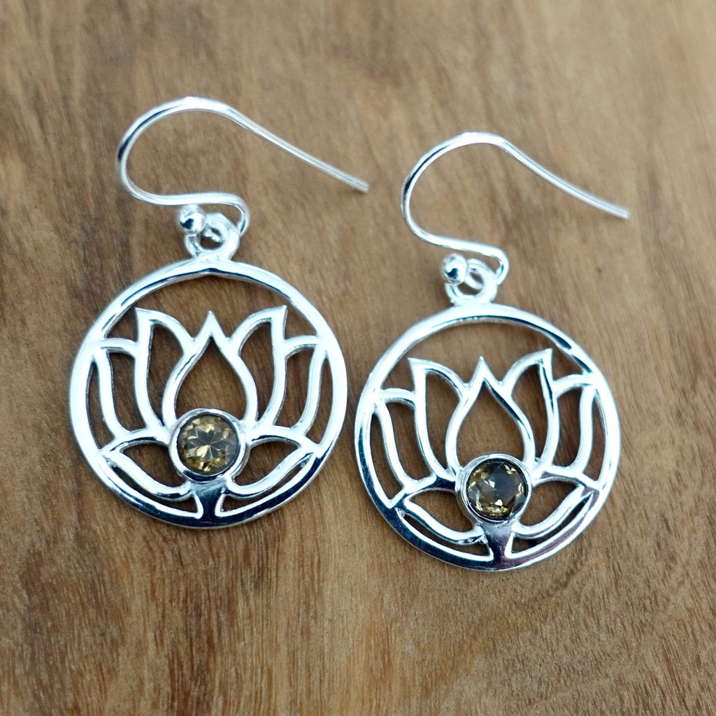 Large Citrine Lotus Flower Silver Earrings, E92CIT