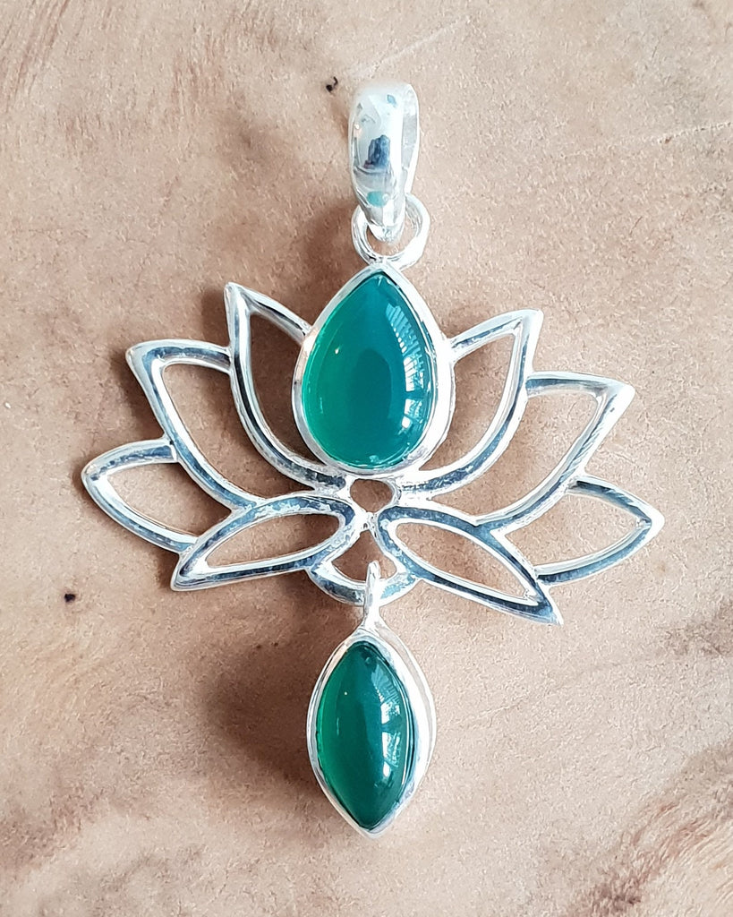 Green Onyx Sterling Silver Lotus Flower Pendant, P6GO