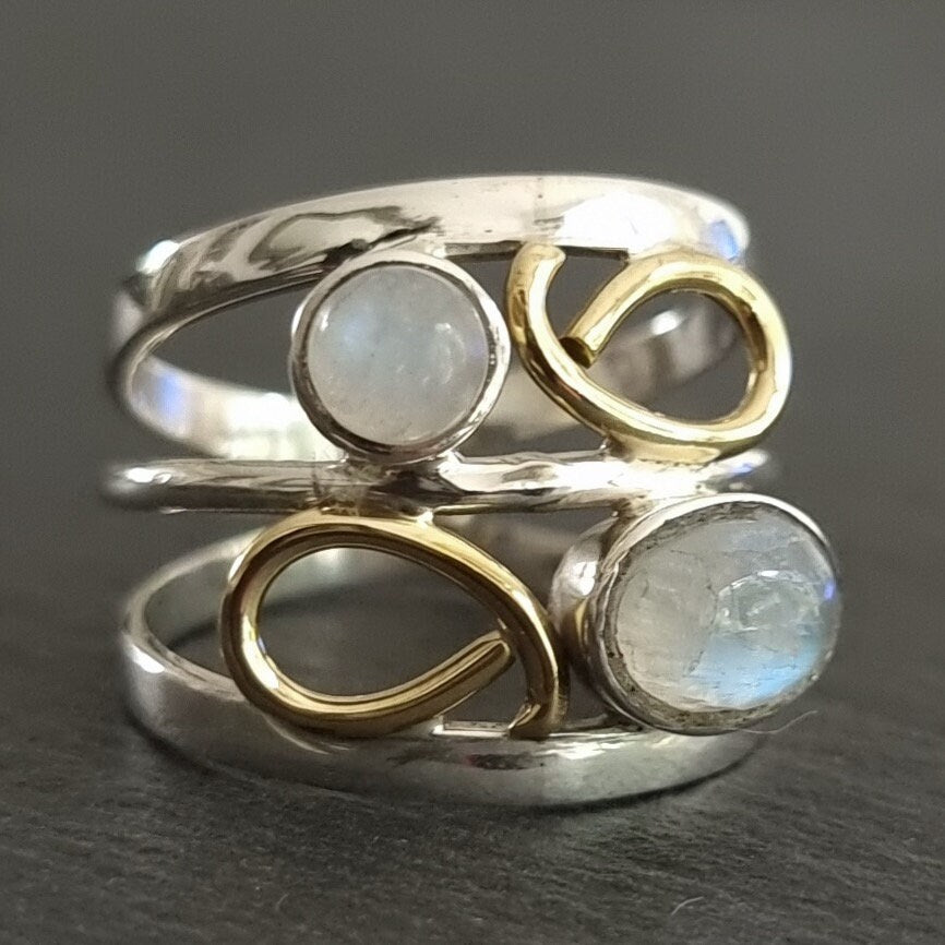 Wide Moonstone Brass Sterling Silver Ring, June Birthstone, Silver Gemstone Ring, Statement Thumb Ring, Boho Rings, Mistry Gems, R28M