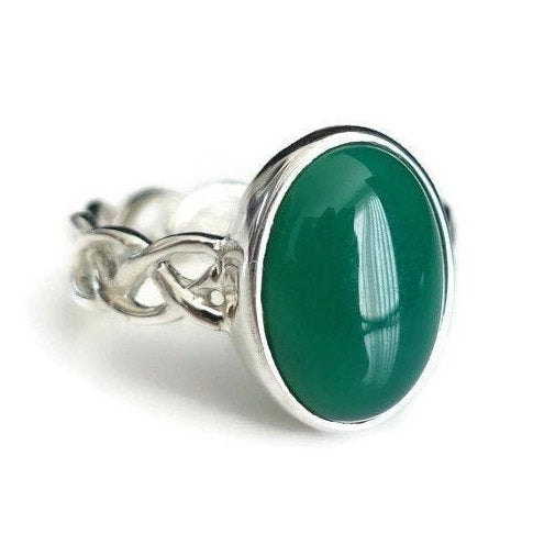 Green Onyx Celtic 925 Sterling Silver Ring, 7th Anniversary, Oval Green Gemstone Jewellery, Solitaire Engagement Ring, Mistry Gems, R1GO