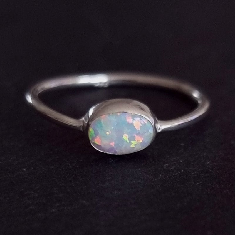 Dainty White Opal Ring, Horizontal Oval Stacking Ring, 925 Sterling Silver, October Birthstone, Rainbow Gemstone, Mistry Gems, R151WOP