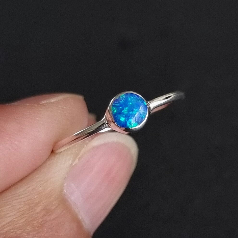 Round Blue buy Opal Cabochon Cut 925 Sterling Silver Ring