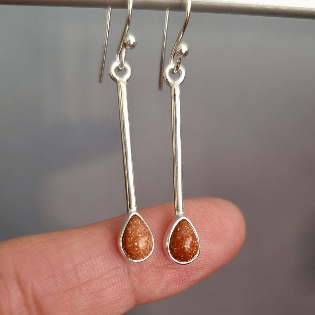 Goldstone Teardrop Long 925 Silver Earrings, E15GS