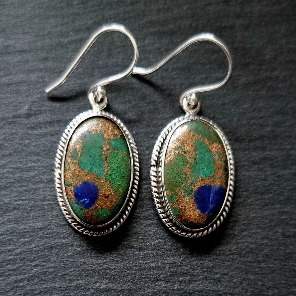 Azurite Malachite Copper Oval 20mm x 12mm 925 Silver Earrings, MCE1