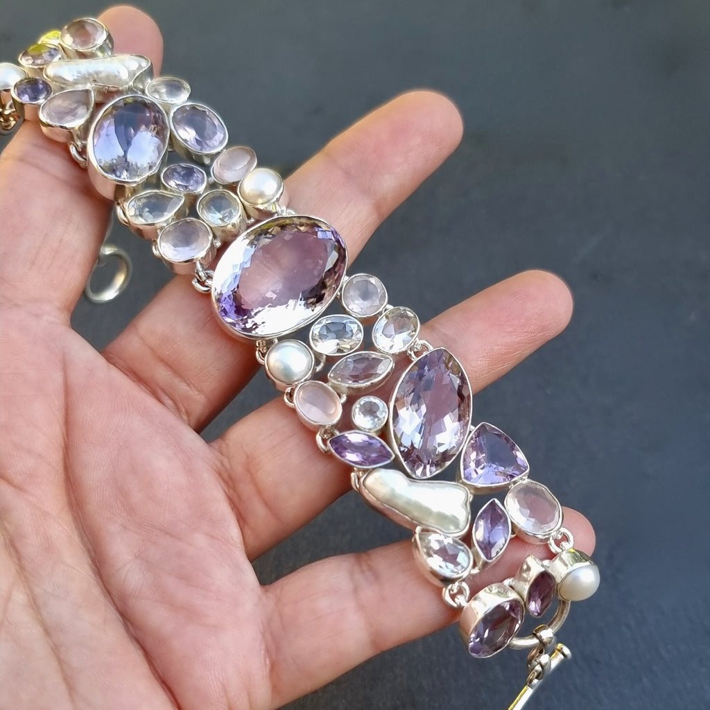 Bali Silver Amethyst, Pearl & Rose Quartz Beaded hotsell Bracelet