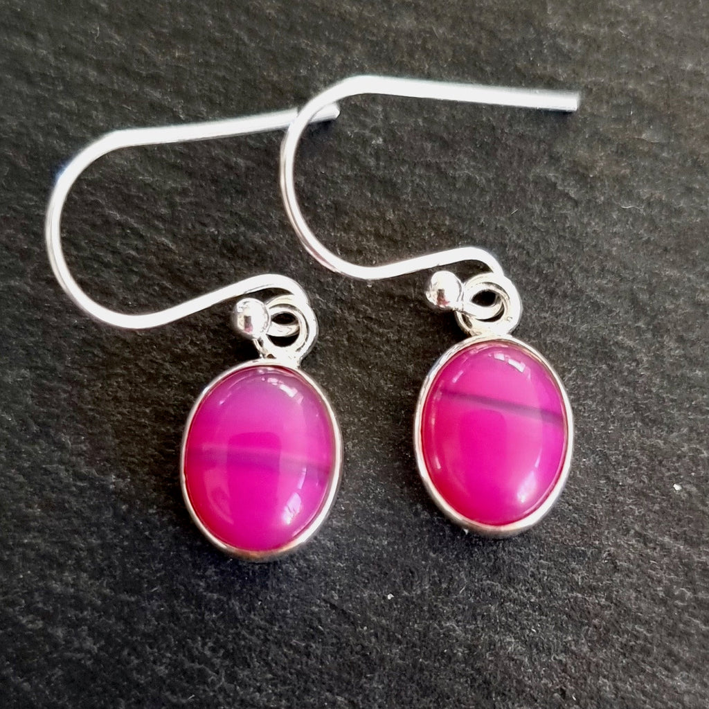 Small HOT Pink Agate Earrings, Oval 10mm x 8mm 925 Sterling Silver Dangly Earrings, Bright Fuchsia Pink Gemstone, Mistry Gems, E7PAG