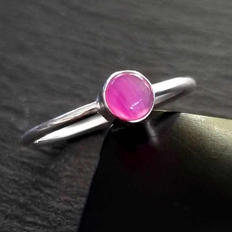 HOT Pink Agate Stacking Ring, Plain Sterling Silver, 5mm Round Fuschia Bright Pink Gemstone, Dainty Engagement Ring, Mistry Gems, R10PAG