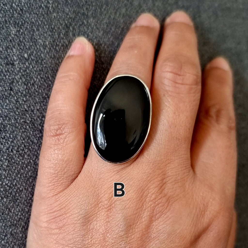 Large Adjustable Black Onyx Ring, 925 Sterling Silver, Oval Stone 32-34mm x 19-21mm, Ring Sizes US 5, 6, 7, 8 / UK J to P, Mistry Gems, R236