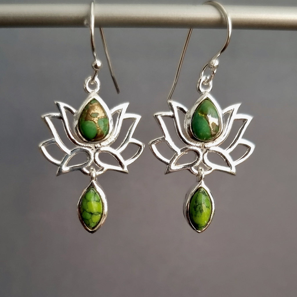 Green Copper Turquoise 925 Silver Lotus Flower Earrings, E64GCT